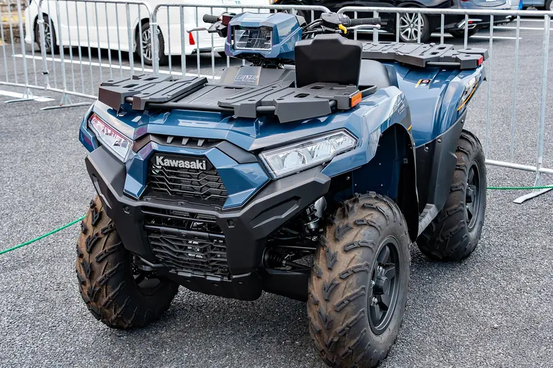 Blue Kawasaki Brute Force 750 ATV with racks, seen from the front at the Japan Mobility Show 2025